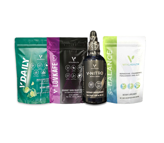 Surtido de suplementos Vitality Health: bolsitas de polvo y frasco gotero.