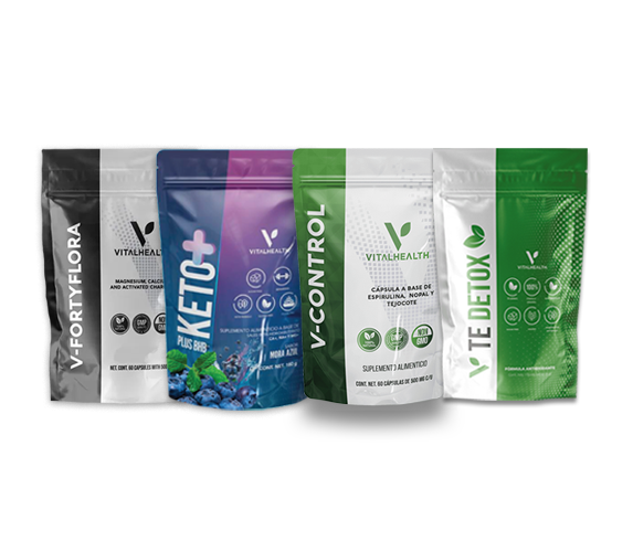 Surtido de bolsitas de complementos dietéticos: V-Fortyflora, V-Fiber+, Keto+, V-Control, V-Health y V-Te Detox.