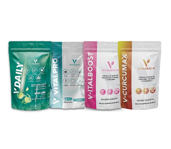 Cinco paquetes de suplementos: Daily, Vital Pro, Vital Health, V-Vitalboost y V-Curcumax. Vienen en varios colores y se mantienen en posición vertical.