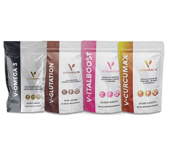 Cinco bolsas de suplementos Vitalhealth: V-Omega 3, V-Glutathione, V-Italboost y V-Curcumax.