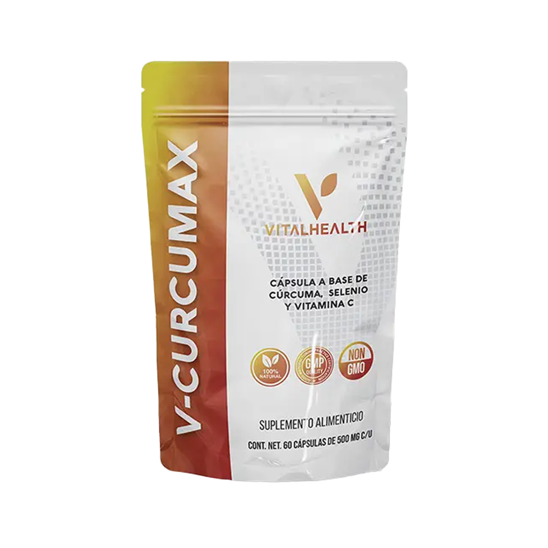 Bolsa de suplemento Vitalhealth V-Curcumax. Envase blanco, naranja y marrón con detalles del producto y logotipo.