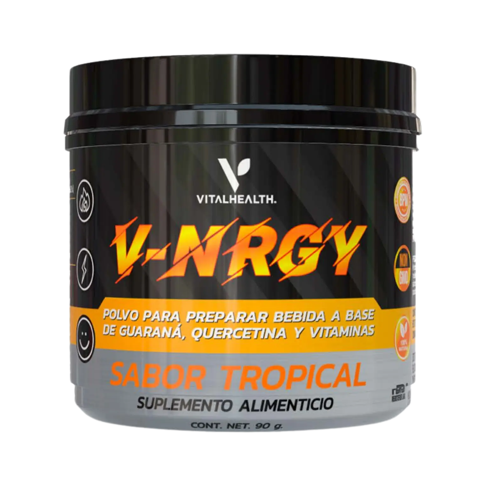 Envase de suplemento en polvo "V-NRGY" con sabor tropical. Envase negro, naranja y gris con texto y logotipo.
