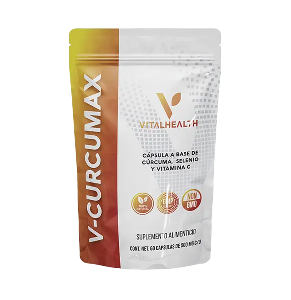 Bolsa de cápsulas V-Curcumax, de VitalHealth, con cúrcuma, selenio y vitamina C.