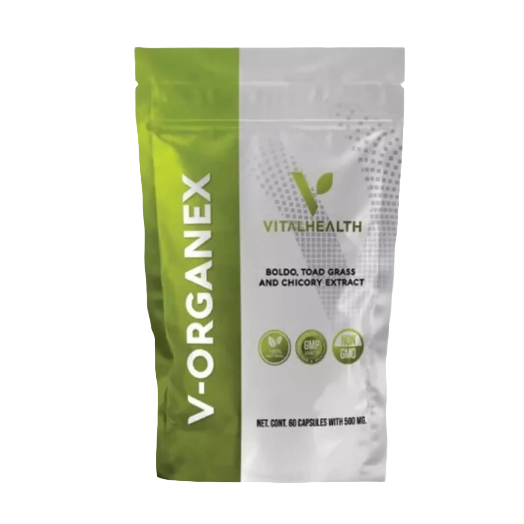 Bolsa de cápsulas V-Organex de Vital Health con esquema de color verde y blanco; contiene extracto de Boudo, Tong Grass y achicoria.
