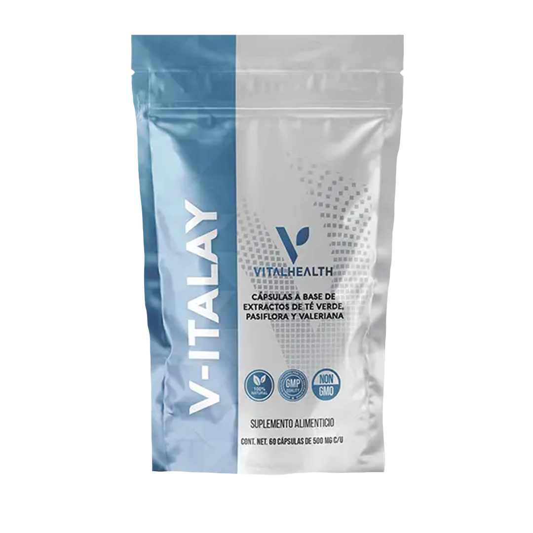 Bolsa de suplemento V-ITALAY, azul y blanca, con información de la cápsula y el logotipo de VitallHealth.
