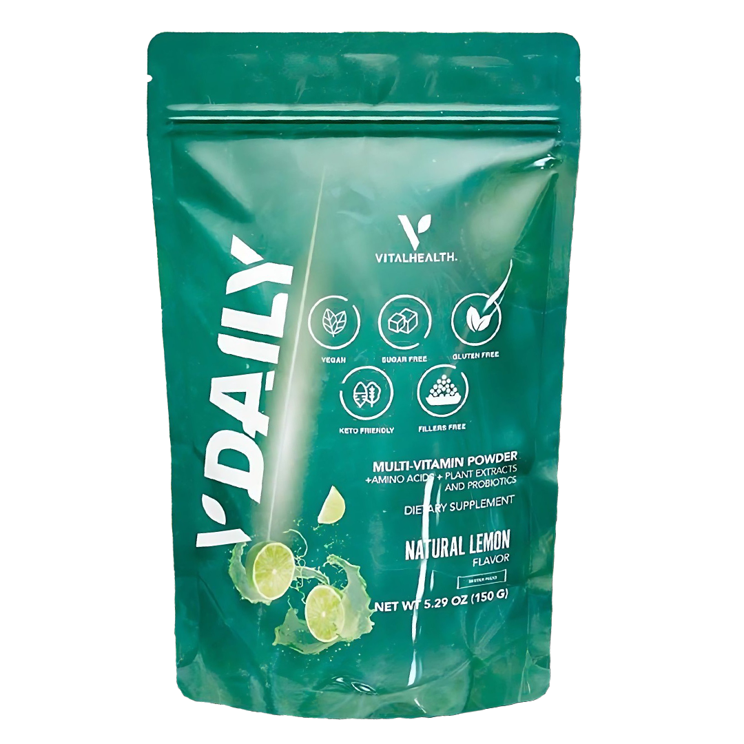 Bolsa verde de polvo Vegan Health i'Daily, sabor limón natural. Incluye ilustraciones de cítricos e iconos nutricionales.