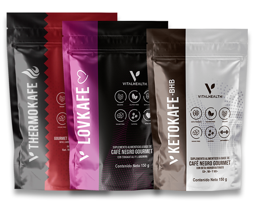 Cinco bolsitas de suplemento de café Vitalhealth: negra, roja, morada y marrón, con nombres de productos.