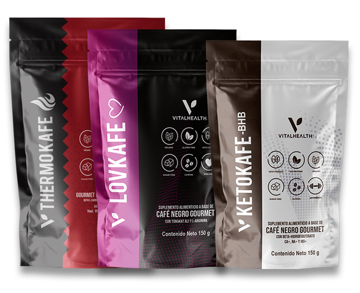 Cinco bolsitas de suplemento de café Vitalhealth en varios colores.