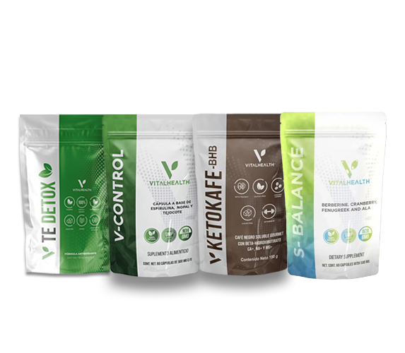 Cuatro bolsas de suplementos etiquetadas como 