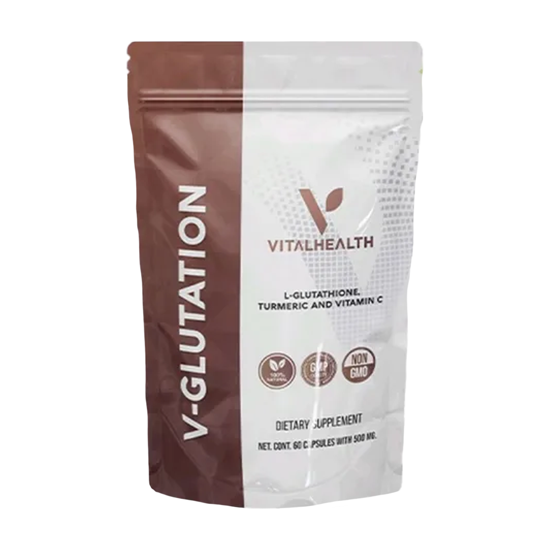 Bolsa de suplemento marrón y blanca etiquetada "V-Glutation", contiene L-glutatión, cúrcuma y vitamina C.