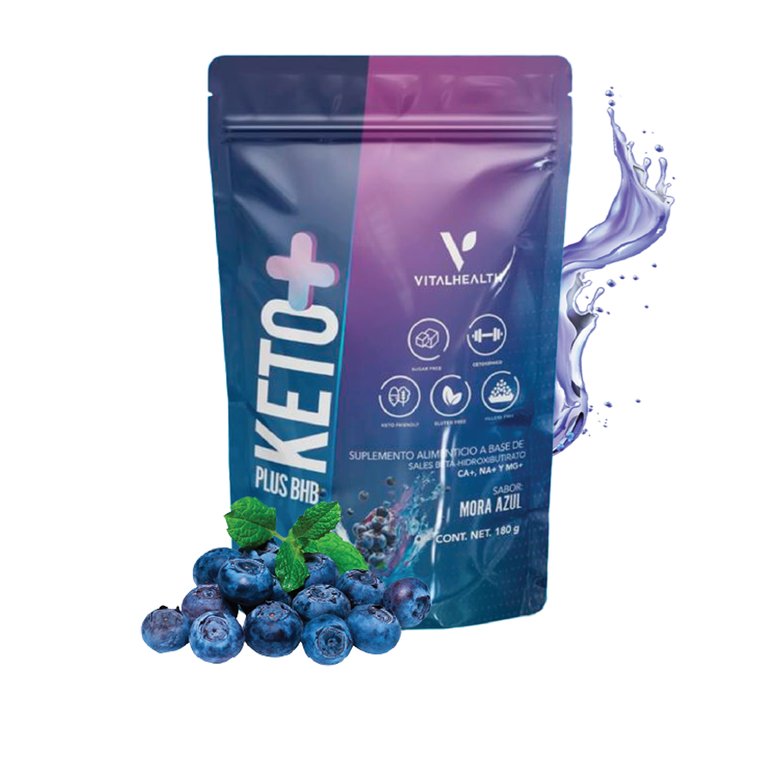 Bolsa de polvo de arándanos Vitalhealth Keto+, con arándanos y un chorrito de líquido, sobre fondo blanco.