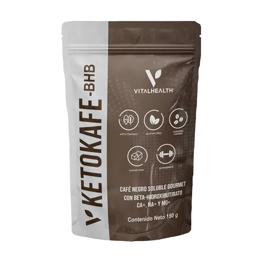 Bolsa de café Vital Health KetoKAFE BHB. Envase marrón oscuro y blanco, con iconos, peso neto 150 g.
