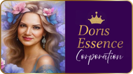 Mujer con corona de flores, junto al logotipo de Doris Essence Corporation, fondo morado.
