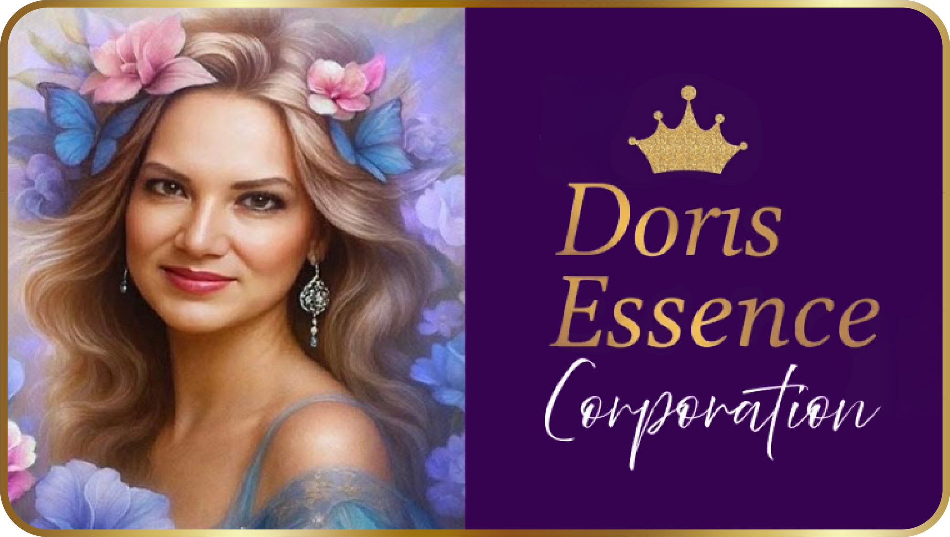 Mujer con corona floral, logotipo de Doris Essence Corporation, fondo morado.