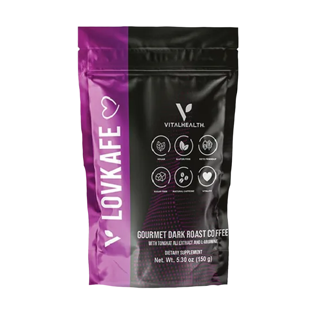 Bolsa de café gourmet de tueste oscuro Vital Health "Lovkafé". Envase morado y negro.