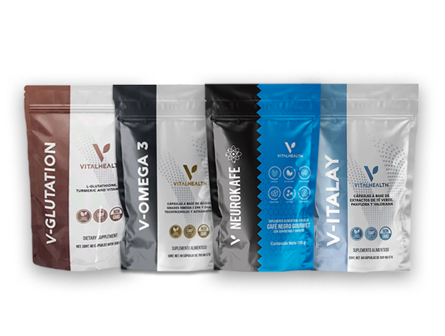 Bolsas de suplementos Vitalife: V-Glutathione, V-Omega 3, V-Vision, Neurokafe, V-Italay y otro producto Vitalife.