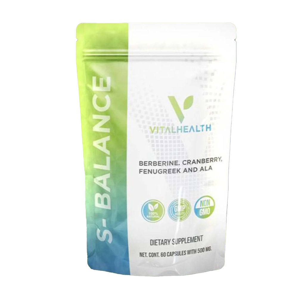 Bolsa de suplemento Vital Health S-Balance, de color blanco y verde, con texto que enumera los ingredientes: "Berberina, arándano, fenogreco y ALA".