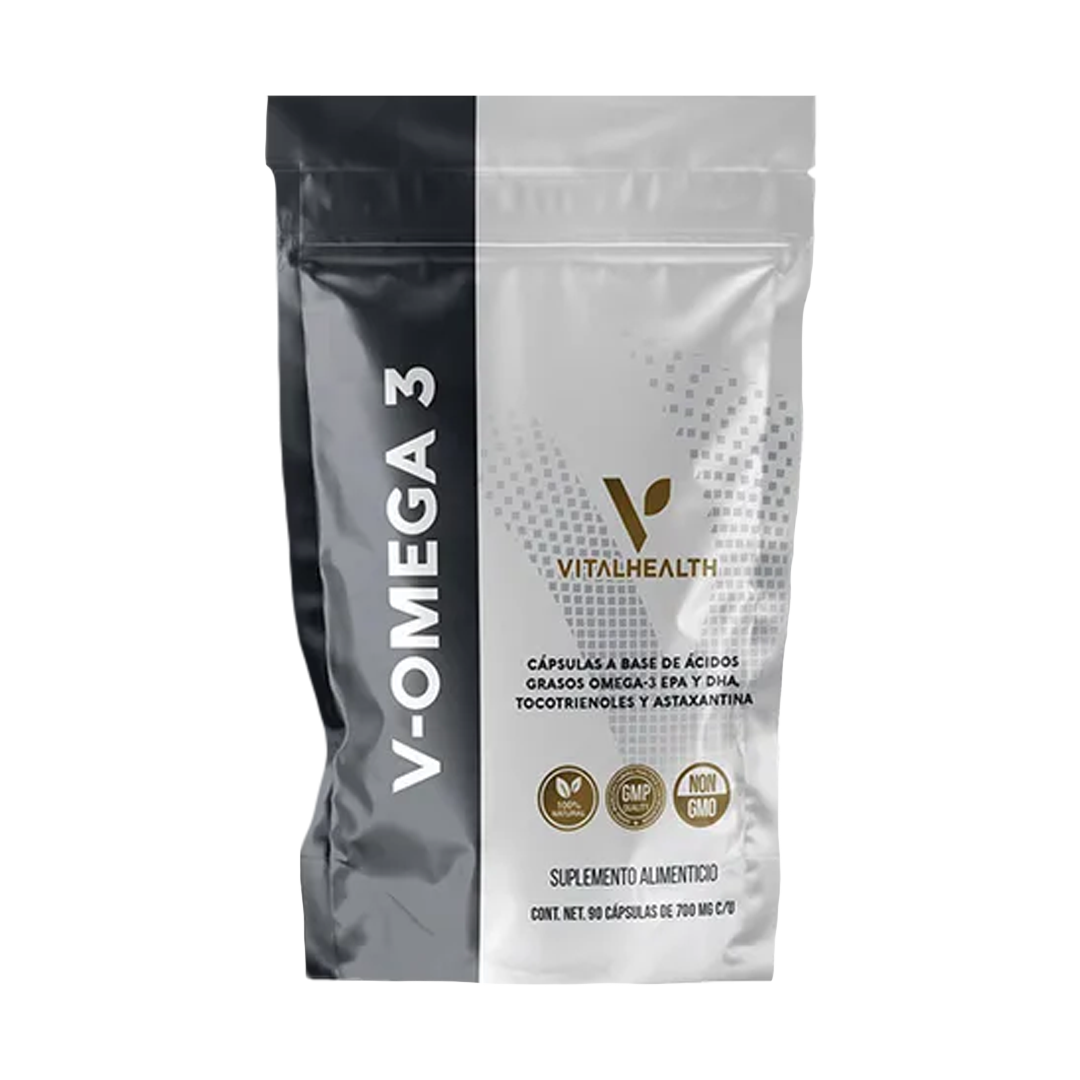 Envase de cápsulas V-Omega 3 de Vital Health, colores plata y negro, información del producto visible.