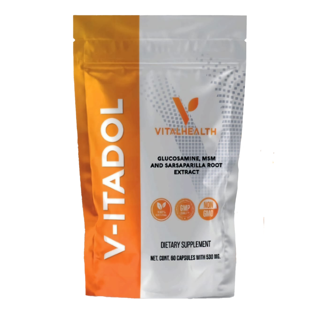 Bolsa de suplemento dietario V-Itadol, color blanco y naranja, que contiene Glucosamina, MSM y Extracto de Raíz de Zarzaparrilla.
