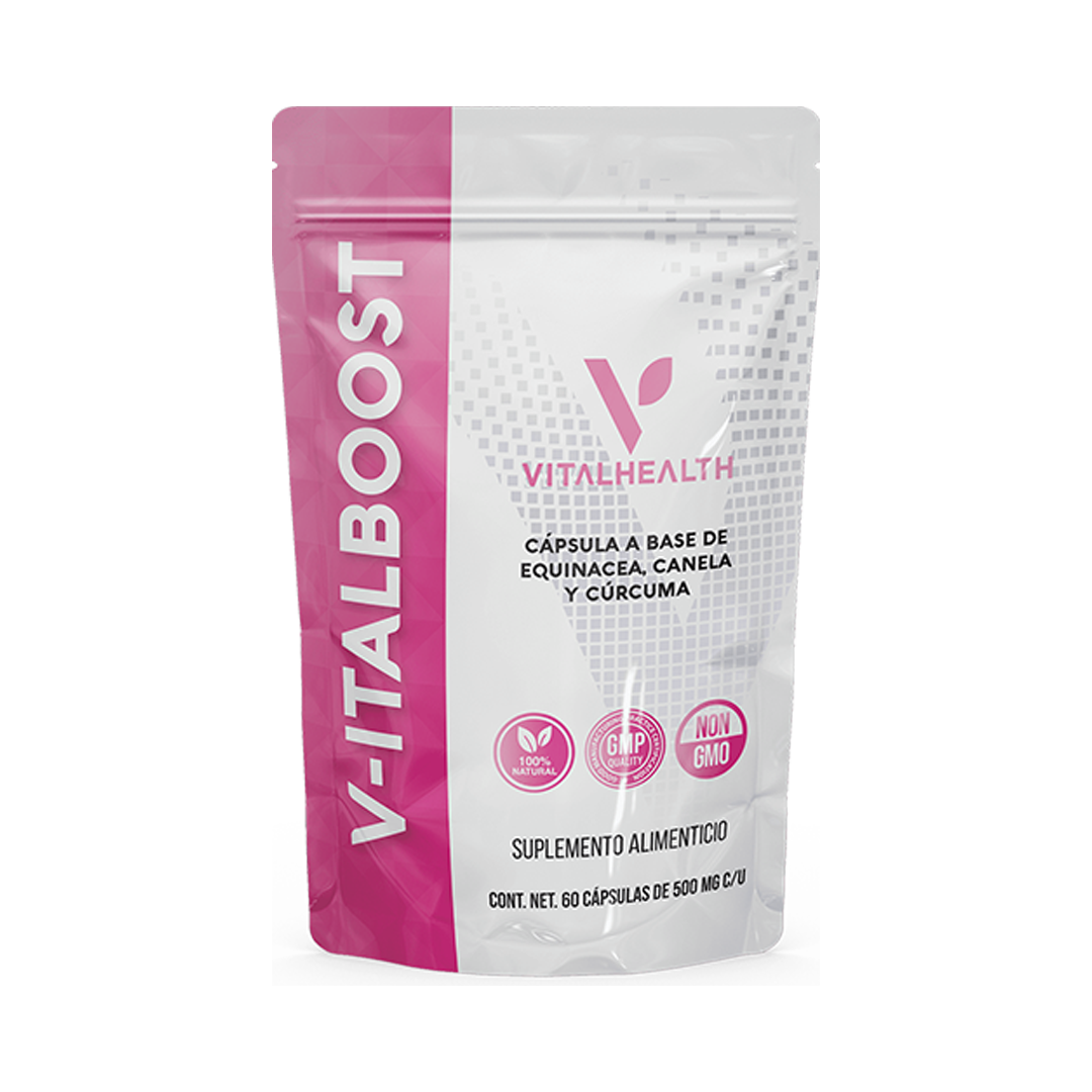 Bolsa rosa y blanca de suplemento dietético Vitalboost con cápsulas, un producto de la marca Vitalhealth.