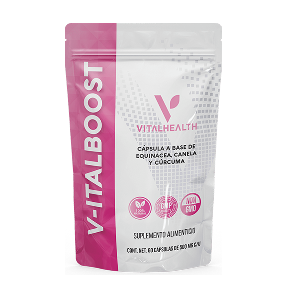 Bolsa de suplemento Vitalhealth V-ITALBOOST de color rosa y blanco, que contiene una mezcla de cápsulas de equinácea, canela y cúrcuma.
