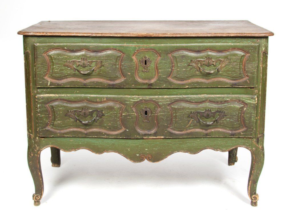 A green dresser with three drawers and a wooden top on a white background.