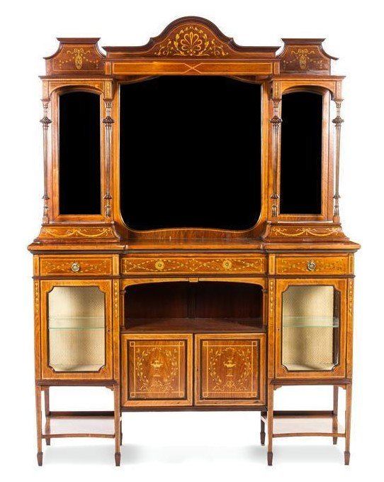 A wooden cabinet with a mirror and drawers on a white background.
