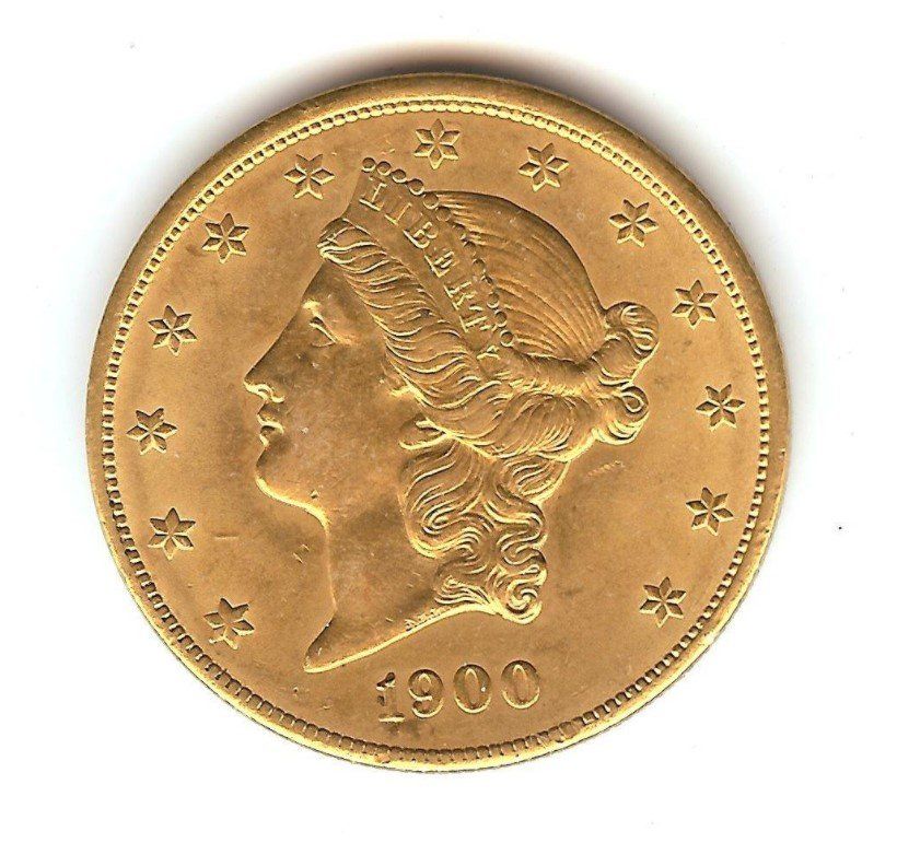 A gold coin with the year 1900 on it