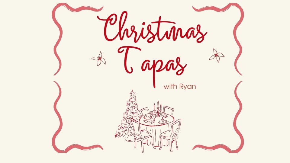 Christmas Tapas banner: Text in red cursive bordered by a wavy red outline and floral illustrations.