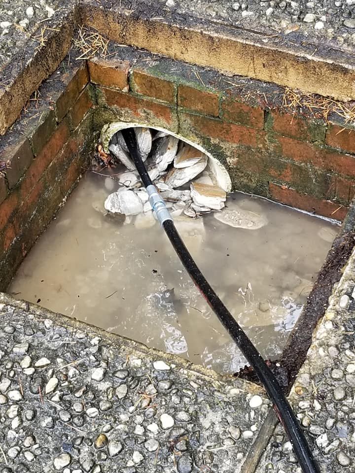 A hose is coming out of a hole in a brick wall.