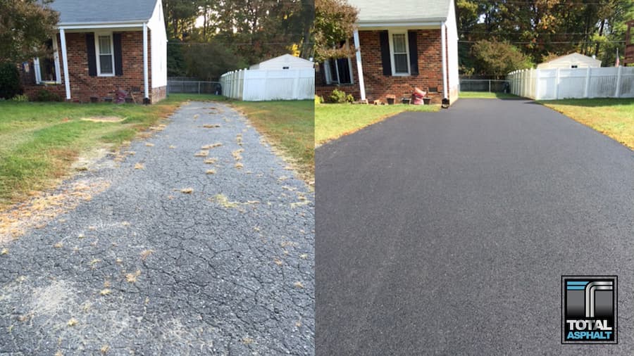 A before and after photo of a driveway being paved by total asphalt