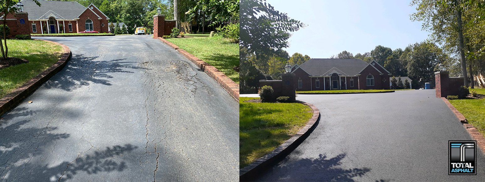 A before and after photo of a driveway with a house in the background