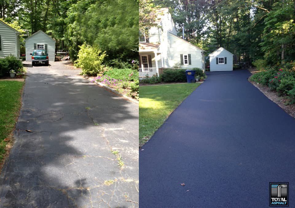 A before and after photo of a driveway that has been paved