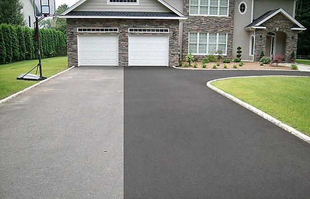 A before and after photo of a driveway in front of a house