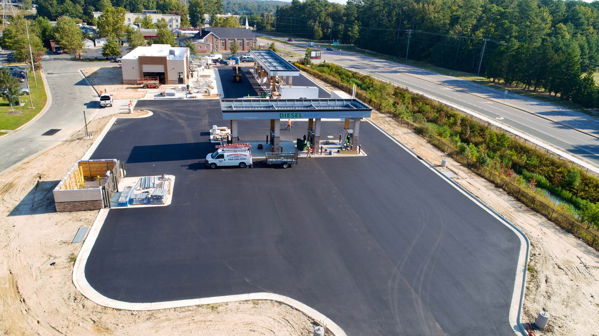 An aerial view of a gas station under construction.