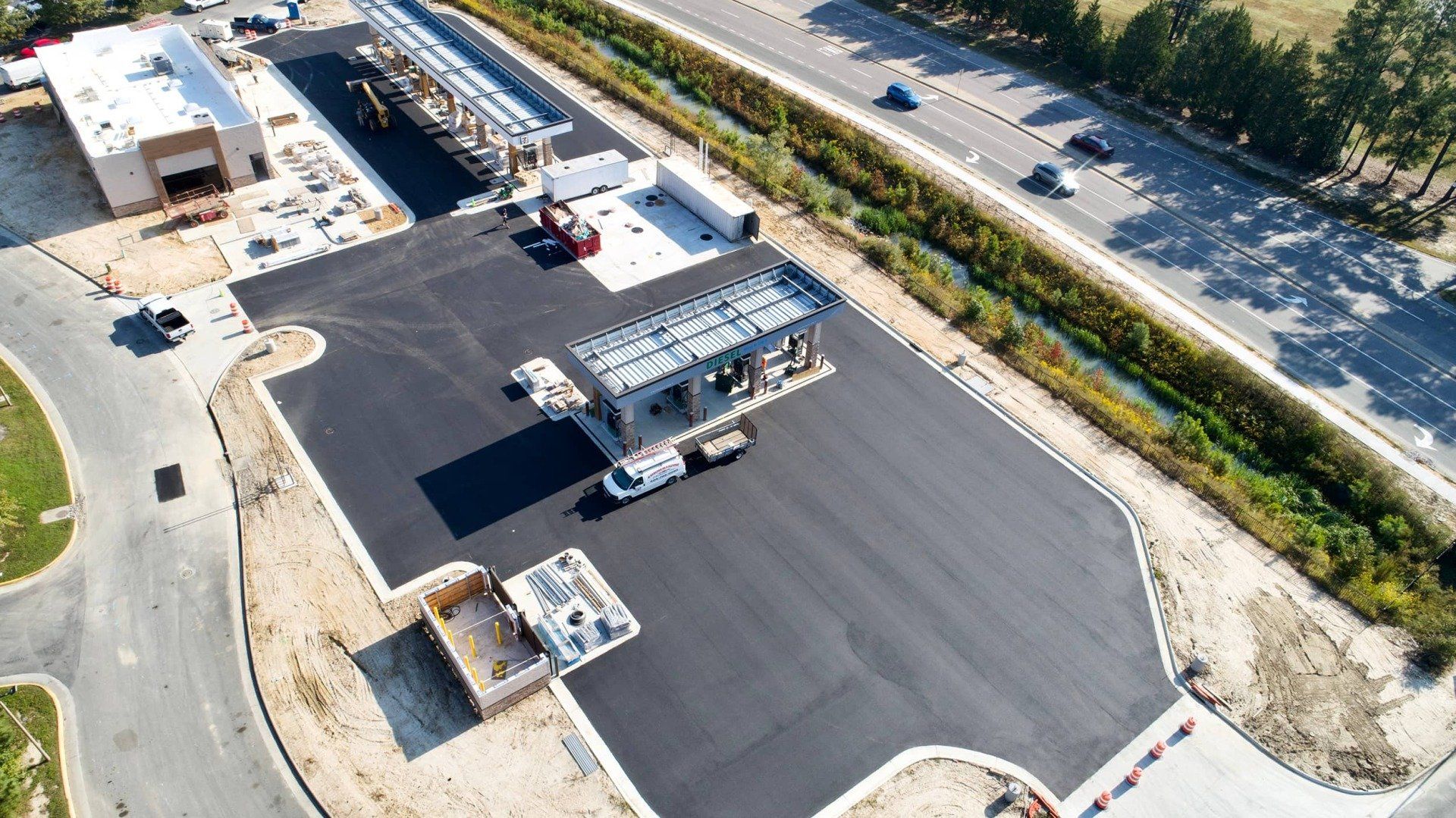 An aerial view of a gas station under construction.