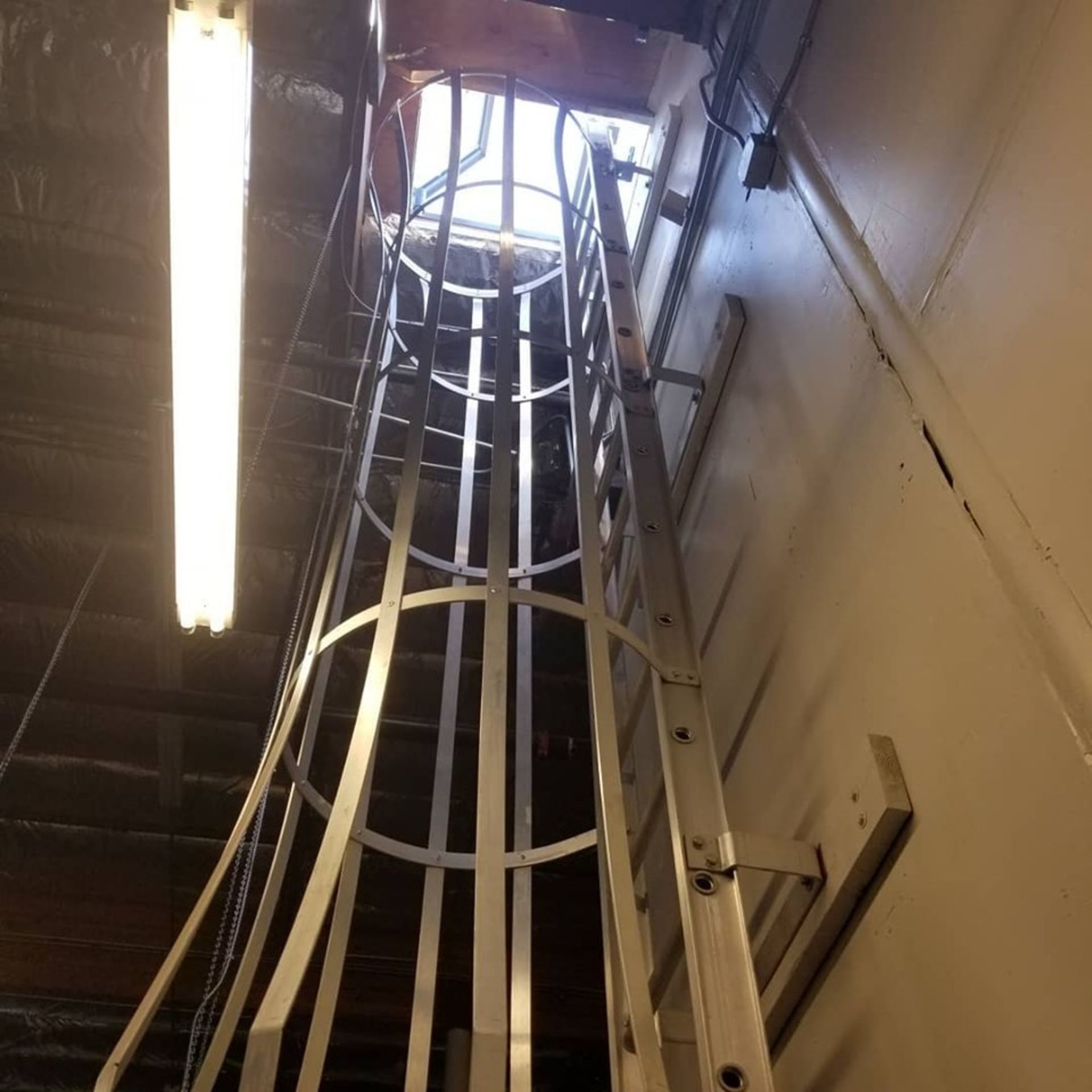 Ladder leading up to an opening in a building ceiling. Vertical metal cage surrounds the ladder rungs.