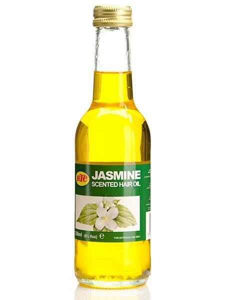 Flacone di olio per capelli al profumo di gelsomino con liquido giallo ed etichetta verde.