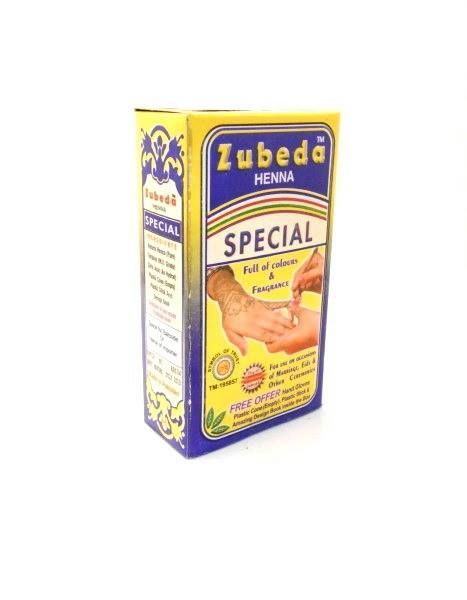Zubeda Henna Special box, confezione gialla e viola con una mano che applica l'henné sul davanti.