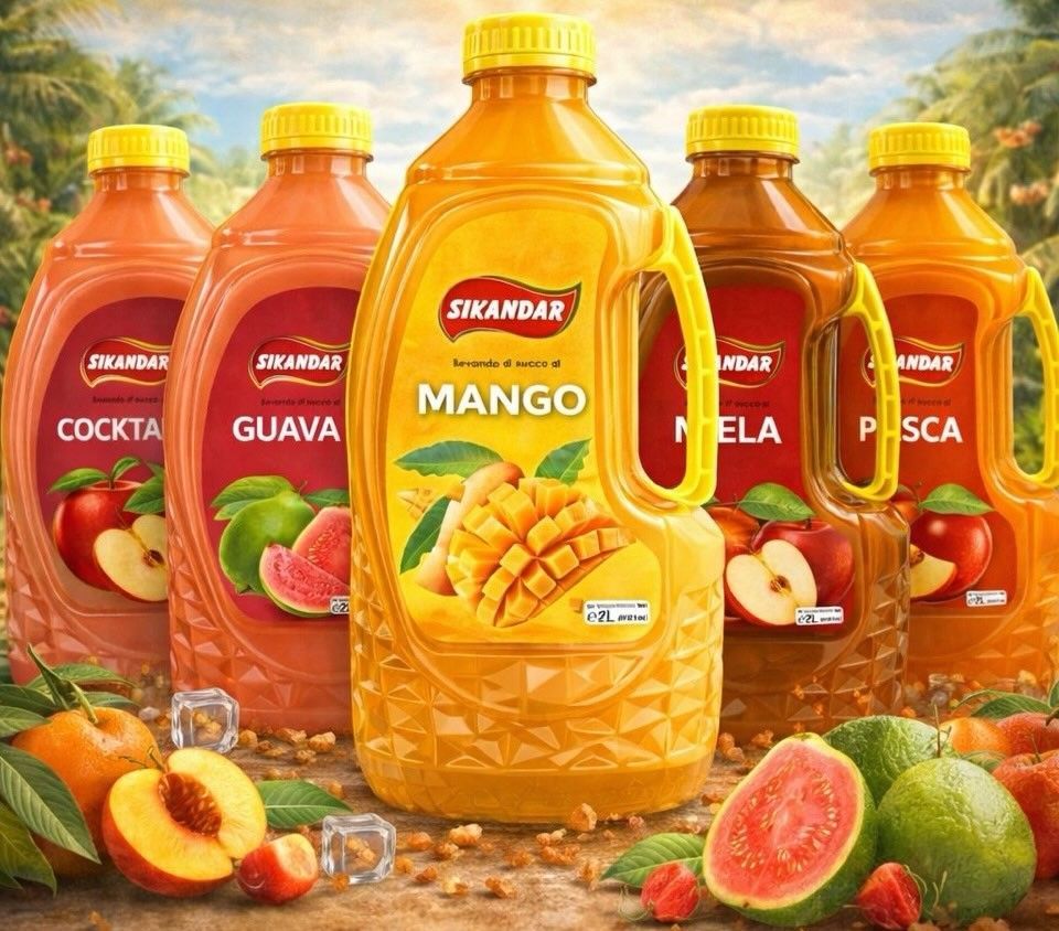 Assortimento di bottiglie di succo di frutta SKANDAR, con una bottiglia al mango al centro tra i gusti guava, cocktail e pesca.