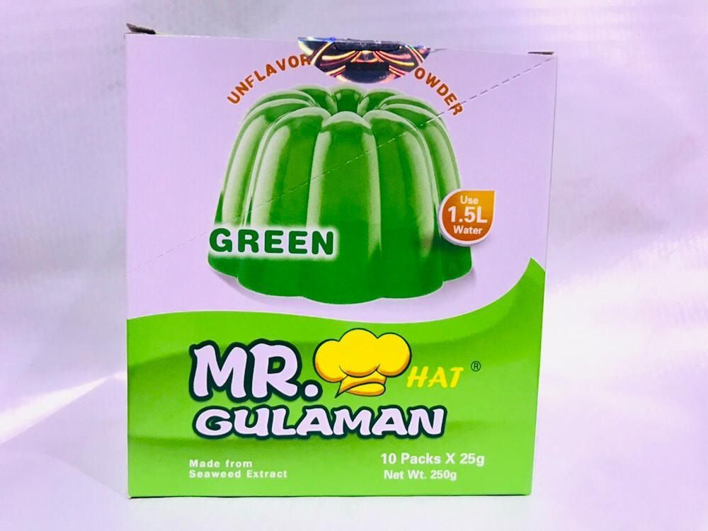 Confezione di preparato per dessert in gelatina Mr. Gulaman verde con immagine di uno stampo a forma di zucca ed etichetta di preparazione da 1,5 litri.