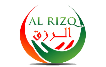 Logo AL RIZQ con testo arabo e inglese verde e rosso all'interno di un emblema circolare a forma di onda.