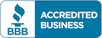 A blue and white sign that says accredited business on it.