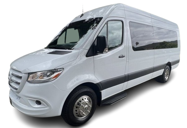 A black shuttle bus is parked on a white background.