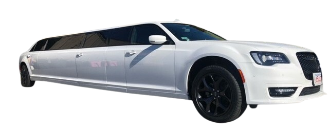 A white limousine with black wheels is on a white background.