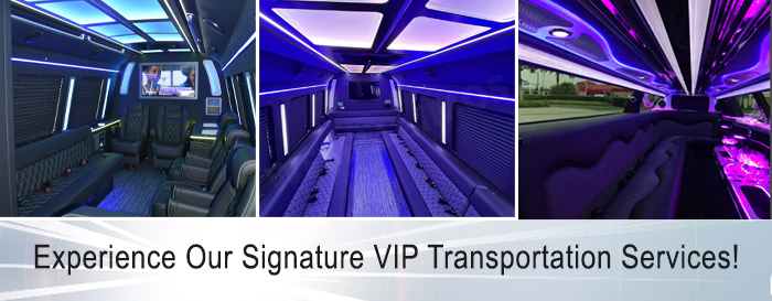 A picture of a limousine with the words experience our signature vip transportation services