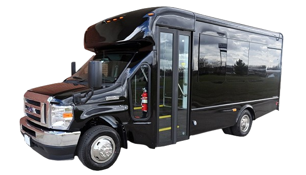 A black shuttle bus is parked on a white background.