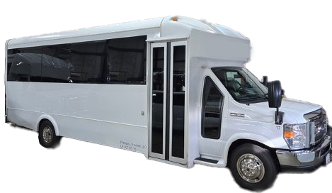 A white bus with a door open on a white background.