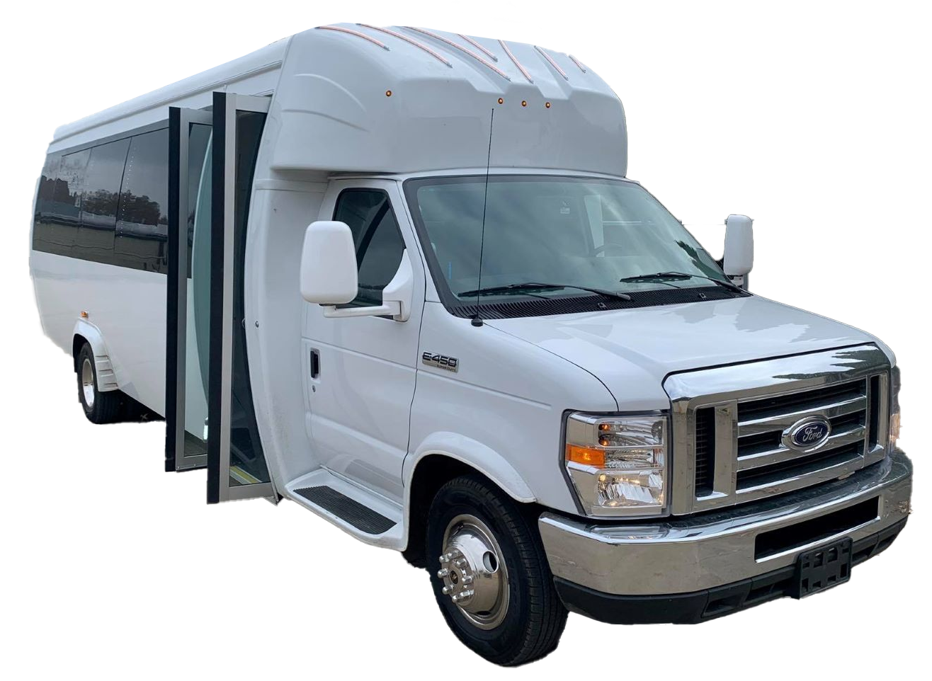 A black shuttle bus is parked on a white background.