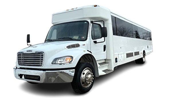 A black shuttle bus is parked on a white background.